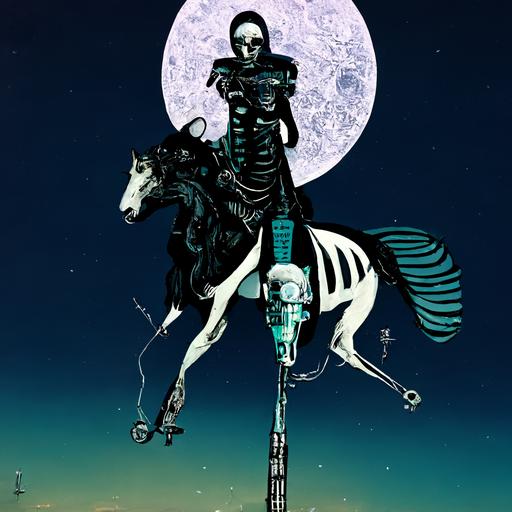 Death Tarot Card in futuristic style, cyberpunk feel, rider Waite, skeleton on white horse with moon in background shining