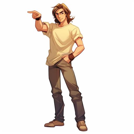 Whole body standing against the wall, slightly tilted head, sunny and arrogant, arrogant school bully, male, right hand pointing to forehead, medium long hair, wearing short sleeves, cartoon line draft style --v 5.2