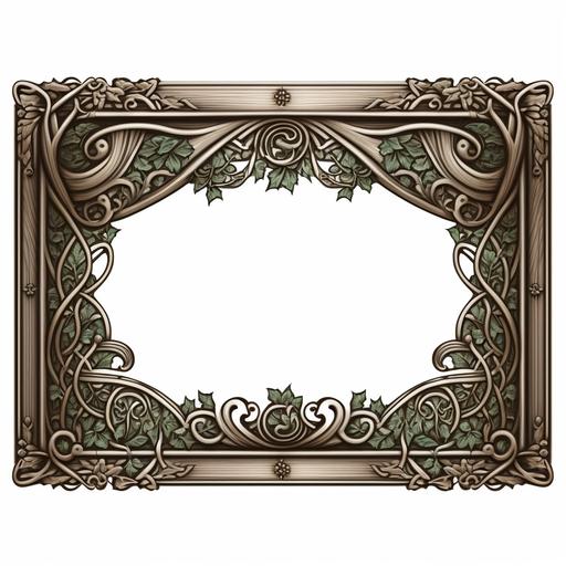 Wide Large Empty blank vintage frame, Celtic, Clean Lineart, Wooden texture, D&D Art Style, slight angle, super High detail, High Res, transparent background