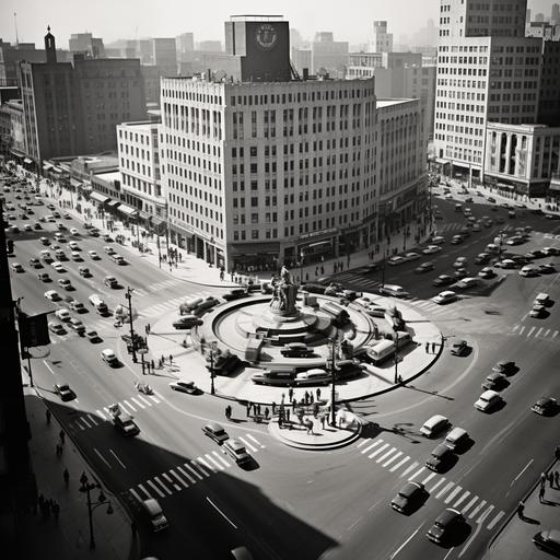 Wide-angle, aerial-view shot of an intersection in the downtown hub of a near-future city influenced by Art Deco and Streamline Modern architecture and urban planning. moderately busy scene, medium foot traffic, light vehicle traffic, Art Deco and Streamline Modern fashion and design aesthetics