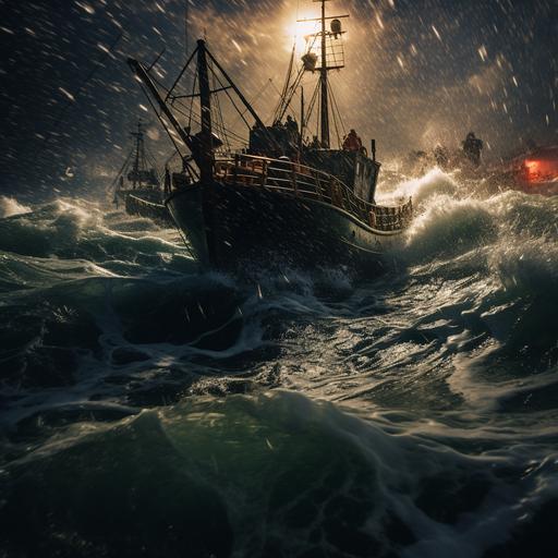 Wide angle cinema shot in the style of captain phillips where one big merchant navy boat is attacked by pirates small boats. Depth in image. Light colours. Rainy stormy sea. No lobsters. Cinema style photography. Captain Phillips style.
