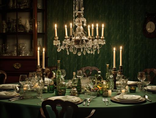Wide angle image, setting table for 6 with table linen and menu cards, under a large chandelier, slightly rustic, wine glassess, candles and lamps, with a single clour green background wallpaper, warm light , Third-Person, F/2.8, White Balance, Kodachrome, 16k --ar 4:3