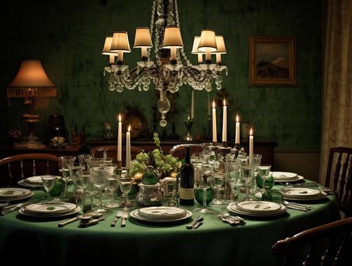 Wide angle image, setting table for 6 with table linen and menu cards, under a large chandelier, slightly rustic, wine glassess, candles and lamps, with a single clour green background wallpaper, warm light , Third-Person, F/2.8, White Balance, Kodachrome, 16k --ar 4:3