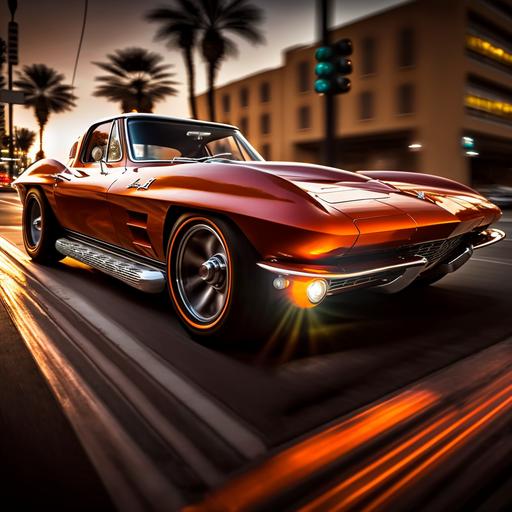 Wide angle profile shot with dramatic lighting of a orange 1963 corvette cruising downtown with fire in the backgrounds