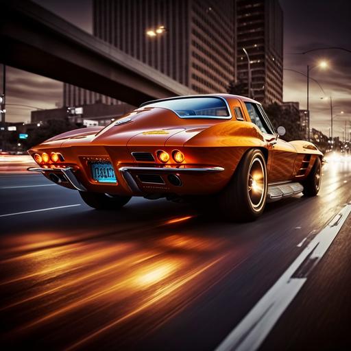 Wide angle profile shot with dramatic lighting of a orange 1963 corvette cruising downtown with fire in the backgrounds