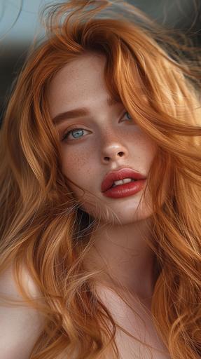 Wide angle zoomed out photo of of the most beautiful stunning redheaded and blonde hot vs cold woman with ruby red lips and electric blue eyes and skin like polished iridescent alabaster, her flowing long red and blonde hair is like fire, the woman is also secretly an AI powered synthetic being, in the style of NubisImmortalAiCreations, --ar 9:16 --v 6.0