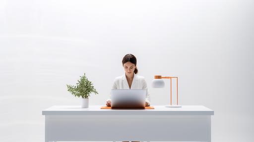 Wide frontal shot of a business woman with a laptop at a plain white desk in a pure white studio cyce wall, minimalist, photorealistic, add hints of orange on the desk --ar 16:9