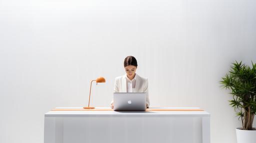Wide frontal shot of a business woman with a laptop at a plain white desk in a pure white studio cyce wall, minimalist, photorealistic, add hints of orange on the desk --ar 16:9