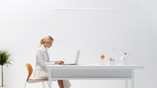 Wide frontal shot of a business woman with a laptop at a plain white desk in a pure white studio cyce wall, minimalist, photorealistic, add more hints of orange on the desk --ar 16:9