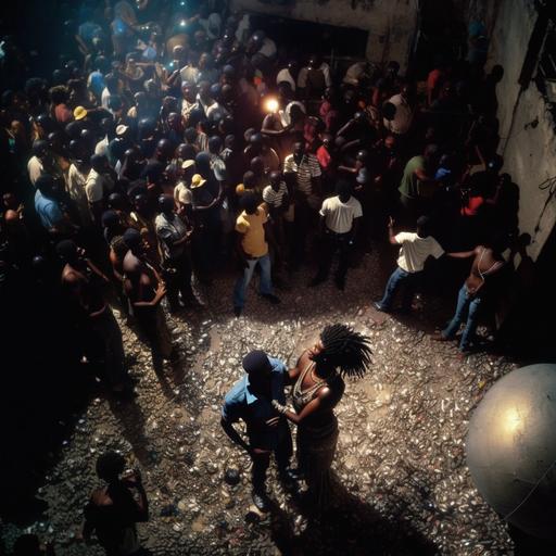 Wide shot from above. Large empty club/90s rave with rubble on the ground and lights flashing and a disco ball hanging from the ceiling that is still shining. A black couple are energetically dancing, embracing each other. The man is in his early 20s wearing a baggy t-shirt with a beard and cargo pants. The woman is in her early 20s and has long cornrow braids that go down to her back. She is wearing a halter top and Jean shorts. An older black man is a janitor in janitor uniform in the distance with a mop in hand. Cinematic, cinematography, 35mm film, wide shot, album cover, insanely detailed, realistic