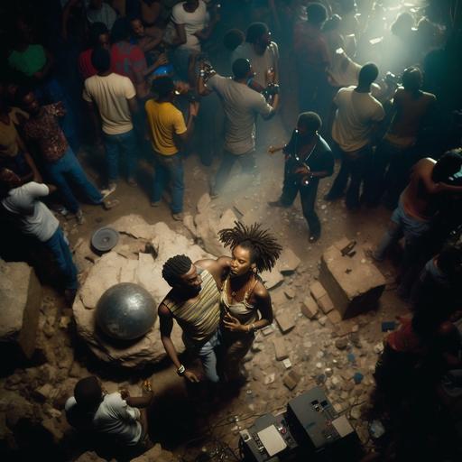 Wide shot from above. Large empty club/90s rave with rubble on the ground and lights flashing and a disco ball hanging from the ceiling that is still shining. A black couple are energetically dancing, embracing each other. The man is in his early 20s wearing a baggy t-shirt with a beard and cargo pants. The woman is in her early 20s and has long cornrow braids that go down to her back. She is wearing a halter top and Jean shorts. An older black man is a janitor in janitor uniform in the distance with a mop in hand. Cinematic, cinematography, 35mm film, wide shot, album cover, insanely detailed, realistic