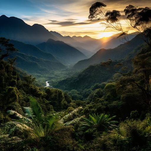 Wide shot of Andes jungle at sunset in the distance. nothing in foregound. no river. Picture is photorealistic, ultra real image. Shot with a Nikon Z fc   16-50mm f/2.8L II APS-C lens, ISO 100, Shutter speed 1/11 second