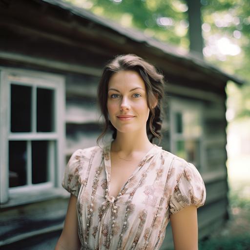 Wide shot of beautiful 27 year old Scottish American woman, with dark brown hair and pale complexion, piercing blue eyes, subtle warm smile, standing in front of a cabin in southern Pennsylvania in 1776, wearing a colonial American summer dress analoge film, old camera, Cinematic, shot on 35 mm lens, deep depth of Field, Shutter Speed 1/48, F/8, White Balance, haze, Incandescent, Soft Lighting, Volumetric, Global Illumination, Screen Space Global Illumination, Scattering, pale, Lumen Reflections, Screen Space Reflections, Diffraction Grading, Chromatic Aberration, Anti-Aliasing, Post-Production, insanely detailed and intricate, hyper maximalist, elegant, dynamic pose, cinematography, volumetric, ultra-detailed, intricate details, super detailed, ambient, hasselblad, kodak gold 200