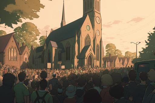 Wide shot of millions of people near church, cartoon style, extremely detailed 8k image, shot with an alexa mini lf camera in 4.5k, with panavision primo lenses, green, blueand gold color grade, golden hour, 1.8 t stop, --ar 3:2