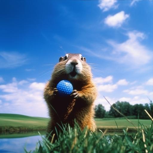 Wide shot of the gopher from the movie caddyshack holding a large golf ball at the bottom of frame with blue sky background above