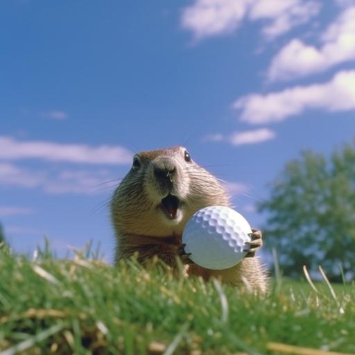Wide shot of the gopher from the movie caddyshack holding a large golf ball at the bottom of frame with blue sky background above