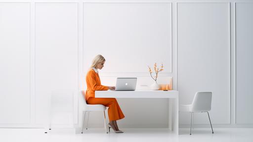 Wide single perspective shot of a business woman with a laptop at a plain white desk in a pure white studio cyce wall, minimalist, photorealistic, add more hints of orange on the desk --ar 16:9