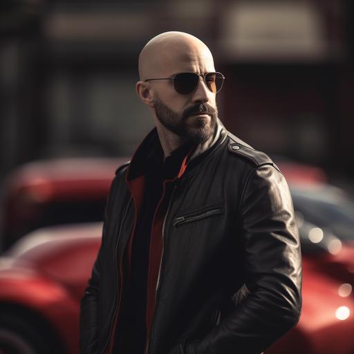 bald man, dark low beard, aviator sunglasses, black leather jacket, standing on the side of his red fast car, in the road, personal power, epic atmosphere, hyper realistic 4k --v 5