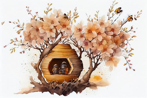 Wild Bee Hive On Tree With Flowers. Honey Bees, Branch, Bumblebee drawing with bit of watercolour, --v 4 --ar 3:2 --q 2 --s 750 --upbeta