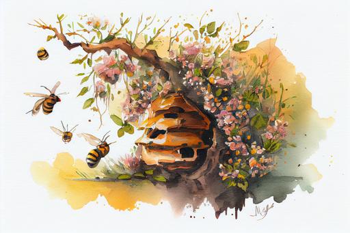 Wild Bee Hive On Tree With Flowers. Honey Bees, Branch, Bumblebee drawing with bit of watercolour, --v 4 --ar 3:2 --q 2 --s 750 --upbeta