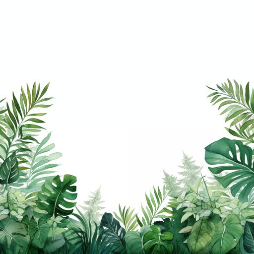Wild green leaves, jungle and savana leaves, white background, luminous, realistic watercolor style, with copy space