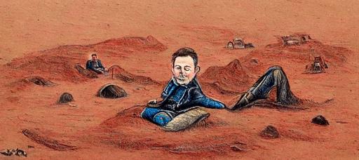 Elon Musk sitting on the Twitter logo on a Martian surface, colored pencil, old west style art —ar 21:9