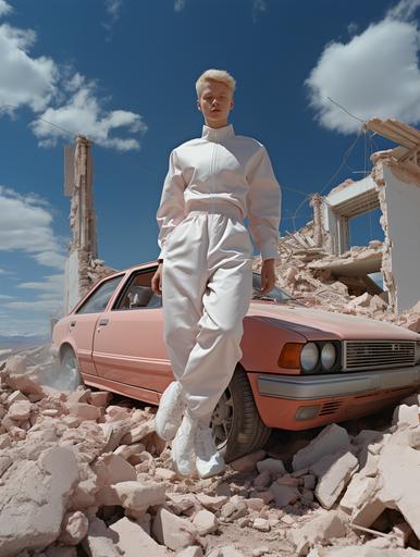 William-Adolphe Bouguereau drew a couple of albinos in blue oversized Adidas suits, hover in the air above the ruins of a city in the desert, blue retro cars fly in the sky, pink fluffy clouds lie on the ground, shot on Kodak, lens Leica 5M, grain, film, optic 16 mm, Leica M5, 32K --s 1000 --ar 3:4