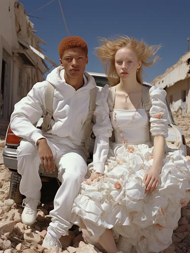 William-Adolphe Bouguereau drew a couple of albinos in blue oversized Adidas suits, the couple hover in the air above the ruins of a city in the desert, blue retro cars fly in the sky, pink fluffy clouds and pagan masks lie on the ground, fish-eye lens, shot on Kodak, super detailed, lens Leica 5M, grain, film, optic 16 mm, Leica M5, 32K --s 1000 --ar 3:4