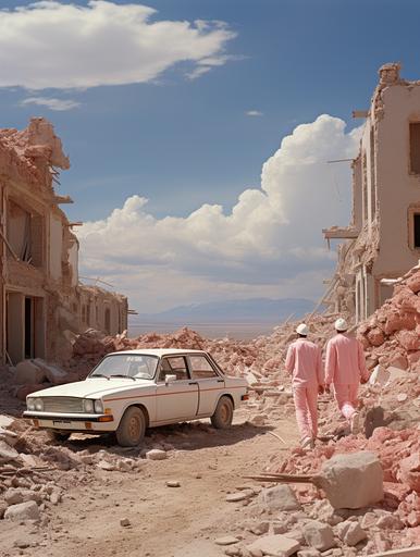 William-Adolphe Bouguereau drew a couple of albinos in blue oversized Adidas suits, hover in the air above the ruins of a city in the desert, blue retro cars fly in the sky, pink fluffy clouds lie on the ground, shot on Kodak, lens Leica 5M, grain, film, optic 16 mm, Leica M5, 32K --s 1000 --ar 3:4