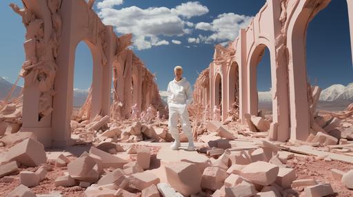 William-Adolphe Bouguereau painted albino guys in white Adidas sport suits dance around a pink fire against the backdrop of ruins in a futuristic desert, Eden garden, Leica lens, shot on Kodak, 16mm, super detailed, lens Leica 5M, grain, film, optic 16 mm, Leica M5, 32K --s 1000 --ar 16:9