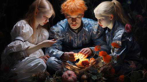 William-Adolphe Bouguereau painted pagan shamanic ritual of albino guys witches in blue adidas sport suits around a pink flame with a pagan totem in the night garden of Eden, super-clear focus, Leica, 16mm, grain, cinematic, wide angle, super-detailed, amazing detailing, style of the artist Malcolm Liepke, cinematic , 32K, tracing Rays, Tone Mapping, OpenGL Shaders, Full Body Shot, Bokeh, Octane, 32K --s 1000 --ar 16:9