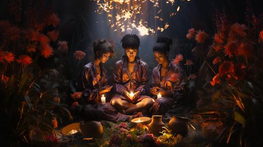 William-Adolphe Bouguereau painted pagan shamanic ritual of oriental witches in purple adidas sweatsuits around a pink flame with a pagan totem in the night garden of Eden, super-clear focus, super-detailed, amazing detailing, style of the artist Malcolm Liepke, cinematic , 32K, tracing Rays, Tone Mapping, OpenGL Shaders, Full Body Shot, Bokeh, Octane, 32K --s 1000 --ar 16:9