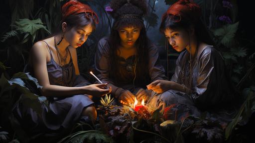 William-Adolphe Bouguereau painted pagan shamanic ritual of Arabian faced witches in purple adidas sport suits around a pink flame with a pagan totem in the night garden of Eden, super-clear focus, Leica, 16mm, grain, cinematic, wide angle, super-detailed, amazing detailing, style of the artist Malcolm Liepke, cinematic , 32K, tracing Rays, Tone Mapping, OpenGL Shaders, Full Body Shot, Bokeh, Octane, 32K --s 1000 --ar 16:9