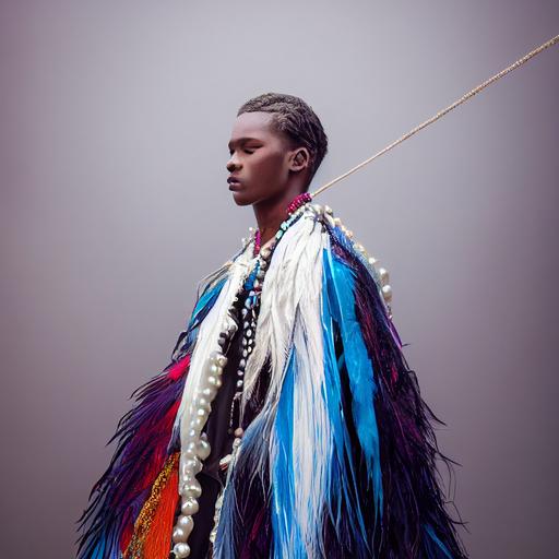 portrait of a young man wearing a feathered cape around his shoulders, mino, rain cloak made of white pearls, layered bones worn as half-Cape, colorful beads & seashells string around the neck, photorealistic, --testp --upbeta --upbeta --upbeta --upbeta