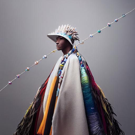 portrait of a young man wearing a feathered cape around his shoulders, mino, rain cloak made of white pearls, layered bones worn as half-Cape, colorful beads & seashells string around the neck, photorealistic, --testp --upbeta --upbeta --upbeta --upbeta