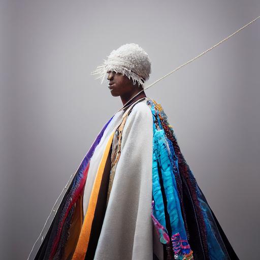 portrait of a young man wearing a feathered cape around his shoulders, mino, rain cloak made of white pearls, layered bones worn as half-Cape, colorful beads & seashells string around the neck, photorealistic, --testp --upbeta --upbeta --upbeta