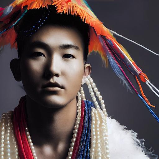 portrait of a young man wearing a feathered cape around his shoulders, mino, rain cloak made of white pearls, layered bones worn as half-Cape, colorful beads & seashells string around the neck, photorealistic, --testp --upbeta --upbeta --upbeta