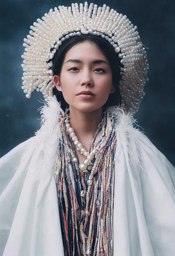 portrait of a young woman wearing a feathered cape around his shoulders, mino, rain cloak made of white pearls, layered bones worn as half-Cape, colorful beads & seashells string around the neck, photorealistic, --ar 2:3 --testp --upbeta --upbeta --upbeta