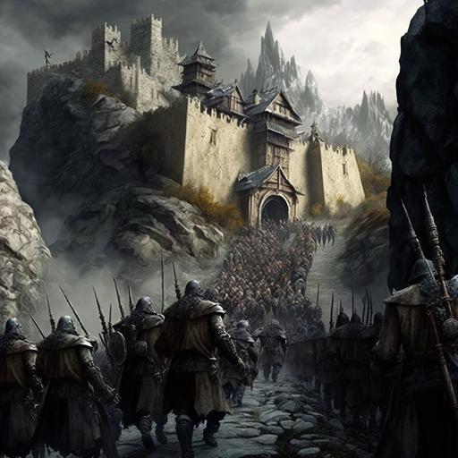 army of orcs and trolls marching into battle against and army of drawes at the base of a magnificent mountain stronghold. High definition, photorealistic, 8x, hyperrealistic