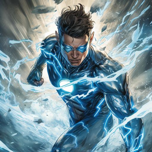 Wind and lightning themed Superhero with a blue and silver outfit in comic book cover style, background is a rushing river with water spraying behind the character.