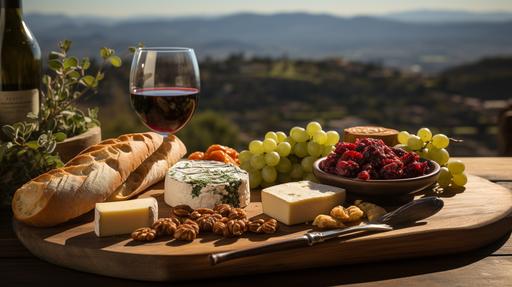 Wine, cheese and bread on a wooden rustic table, at a Tucson balcony balustrade, over a vineyard, table with a garland of flowers | Sony a7R 32K --chaos 5 --ar 16:9 --stylize 999