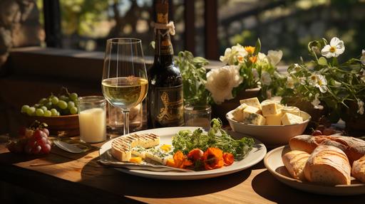 Wine, salad and cheese, on a beautiful table, at a minimalist versailles balcony balustrade, over a vineyard, table with a garland of flowers | Sony a7R 32K --chaos 5 --ar 16:9 --stylize 999