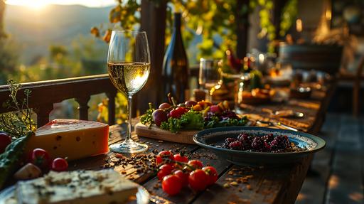 Wine, salad and cheese, on a beautiful table, at a toscan balcony balustrade, over a vineyard, table with a garland of flowers | Sony a7R 32K --chaos 5 --ar 16:9 --stylize 999 --v 6.0