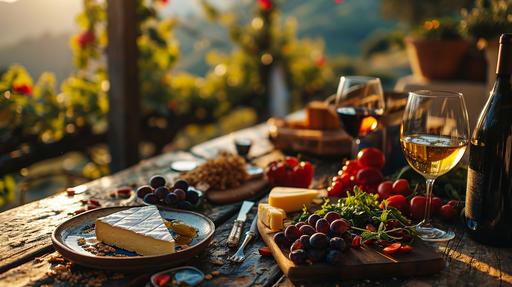 Wine, salad and cheese, on a beautiful table, at a toscan balcony balustrade, over a vineyard, table with a garland of flowers | Sony a7R 32K --chaos 5 --ar 16:9 --stylize 999 --v 6.0