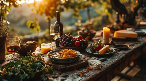 Wine, salad and cheese, on a beautiful table, at a toscan balcony balustrade, over a vineyard, table with a garland of flowers | Sony a7R 32K --chaos 5 --ar 16:9 --stylize 999 --v 6.0