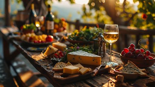 Wine, salad and cheese, on a beautiful table, at a toscan balcony balustrade, over a vineyard, table with a garland of flowers | Sony a7R 32K --chaos 5 --ar 16:9 --stylize 999 --v 6.0