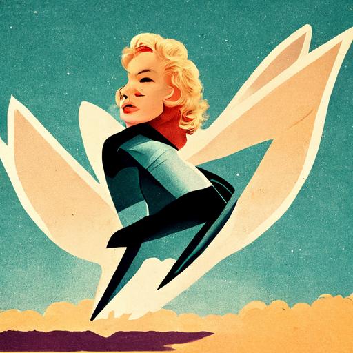 Winged Marilyn Monroe rides on a flying missile, retro cartoon style