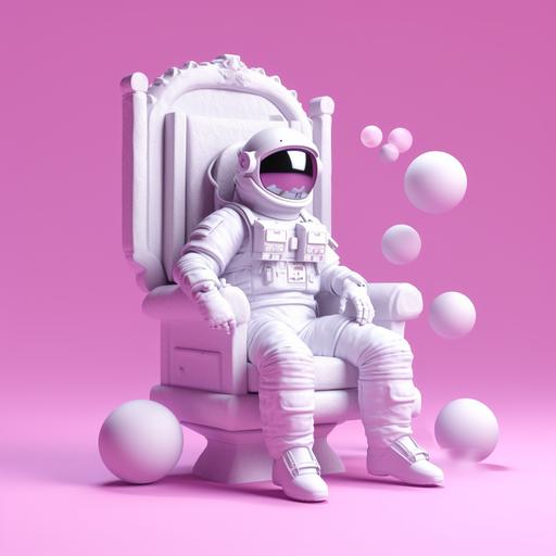 3d render of mini astronaut dj on a throne, matt colour, vaporwave, monochrome, 4k, hyper-realistic