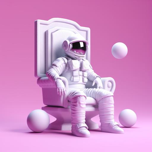 3d render of mini astronaut dj on a throne, matt colour, vaporwave, monochrome, 4k, hyper-realistic