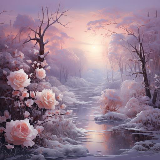 Winter snowy landscape in the thick opalescent-white snow with blurple roses and snow-covered trees, in the style of dreamlike fantasy snowscapes, light bronze and soft-pinks, Mark Lovett, snow-covered trees, swirling vortexes, luminescence, delicate flora depictions --s 400